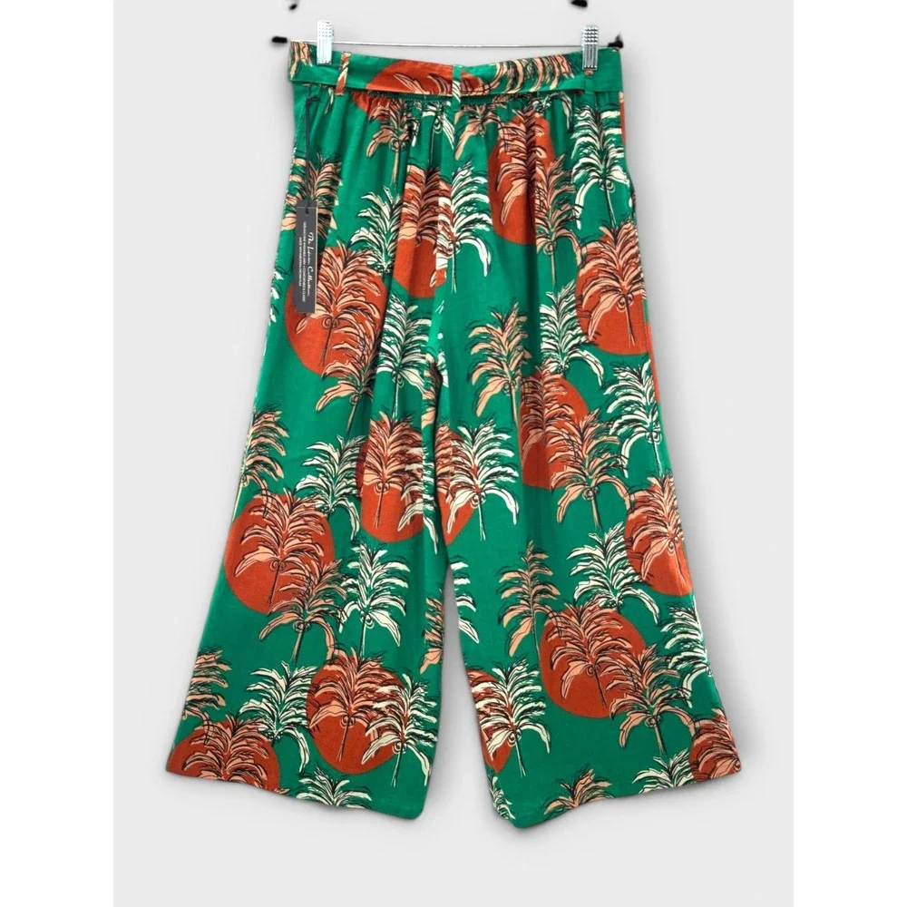 Nicole Miller Linen Pants Tropical Print Wide Leg Belted Large Resort Vacation - Picture 5 of 13